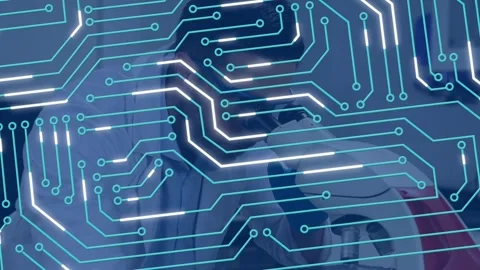 Animation of microprocessor connections over male scientist using microscope Vídeo Stock 327582799
