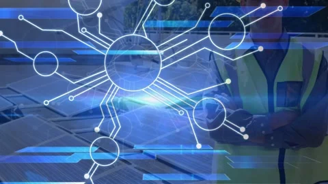 Animation of microprocessor connections over male engineer standing near solar Stock Footage 328086864