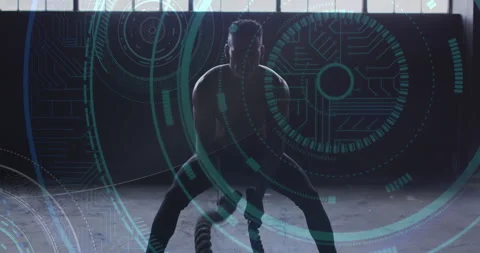 Animation of microprocessor connections over man exercising with ropes Vídeo Stock 149715072