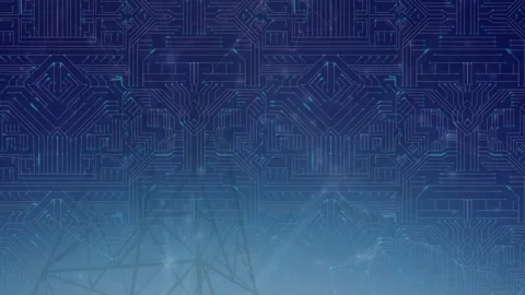 Animation of microprocessor connections over mobile towers against blue Vídeo Stock 327060192