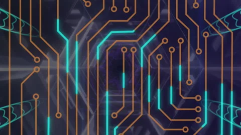 Animation of microprocessor connections over neon tunnel and kaleidoscope Video stock 312916339
