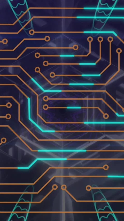 Animation of microprocessor connections over neon tunnel and kaleidoscope Vídeo Stock 321923630