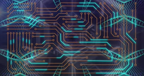 Animation of microprocessor connections over neon tunnel and kaleidoscope Vídeo Stock 330167741