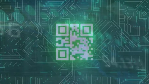 Animation of microprocessor connections over neon qr code against green Stock Footage 330724692