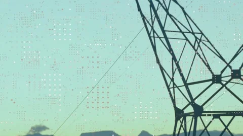 Animation of microprocessor connections over network towers against blue sky Video stock 242092744