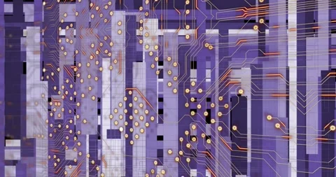 Animation of microprocessor connections over purple light trails against black Stock Footage 330335179