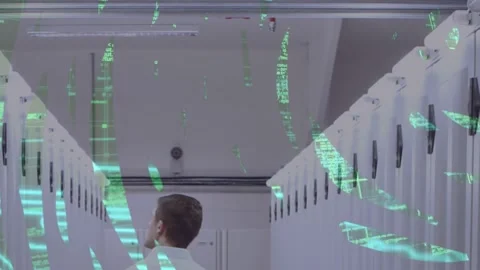 Animation of microprocessor connections over rear view of male engineer walking Video stock 329508889