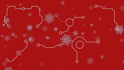 Animation of microprocessor connections over snowflakes icons against red Stock Footage 328462454