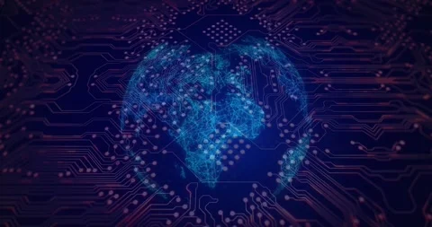Animation of microprocessor connections over spinning globe against blue Vídeo Stock 243842181
