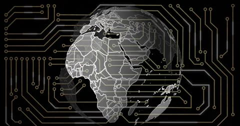 Animation of microprocessor connections over spinning globe against black Vídeo Stock 244986387