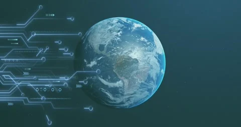 Animation of microprocessor connections over spinning globe against blue Stockbeeldmateriaal 325961972