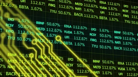 Animation of microprocessor connections over stock market data processing Stockbeeldmateriaal 328642374