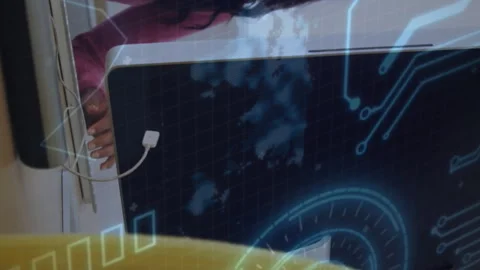 Animation of microprocessor connections over woman with smoothie using computer Stock Footage 312965953