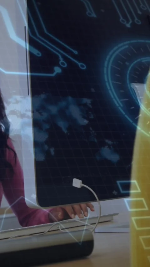 Animation of microprocessor connections over woman with smoothie using computer 스톡 동영상 321789031