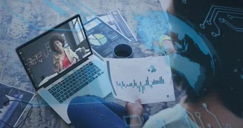 Animation of microprocessor connections over woman holding a document having a 스톡 동영상 327583554