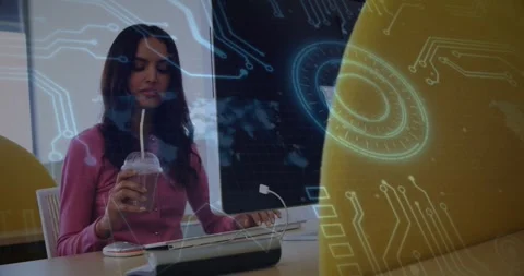 Animation of microprocessor connections over woman with smoothie using computer Stock Footage 328927660
