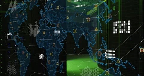 Animation of microprocessor connections over world map against computer server Stock Footage 248206774