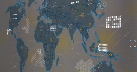 Animation of microprocessor connections over world map against purple gradient Video stock 248206803