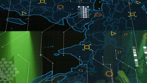 Animation of microprocessor connections over world map against computer server 库存影片 312411729