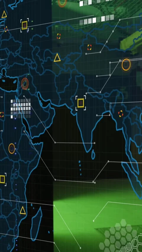Animation of microprocessor connections over world map against computer server Stockbeeldmateriaal 321038826