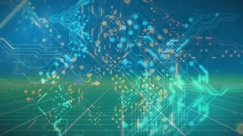 Animation of microprocessor connections over yellow grid network against blue Vídeo Stock 209609999