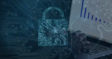 Animation of microprocessor connections, security padlock over mid section of Stockbeeldmateriaal 247919441