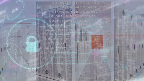 Animation of microprocessor with lock and programming codes in server room Vídeo Stock 316216973