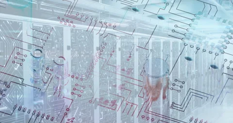 Animation of a microprocessor over an empty server room Stock Footage 147869933