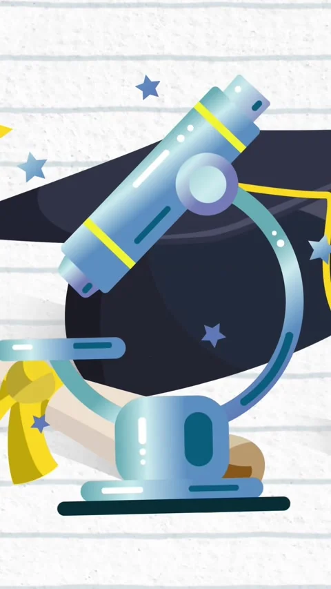 Animation of microscope, certificate and graduation hat on ruled paper Stock Footage 342707267