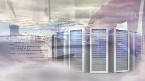 Animation of mid section of man using digital tablet against data processing and Stock Footage 330054883