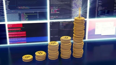 Animation of mining bitcoins, blue light rays, loop Stock Footage 83035572