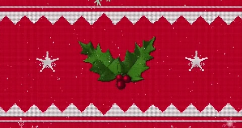 Animation of mistletoe over christmas pattern on red background Stock Footage 162133262