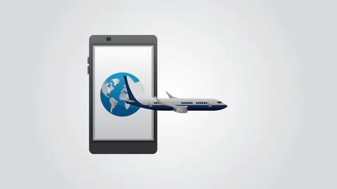 Animation of mobile smartphone displaying world globe with airplane flying .. Stock Footage 339118502