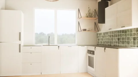 Animation of a modern and spacious kitchen. 3D render Stock Footage 252079060