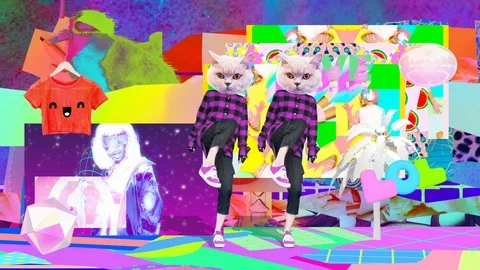 Animation modern design. Cat dancing in Geometry Chaos textures and objects.Zine 스톡 동영상 118814802