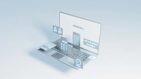 Animation of a modern mobile computer and software icons. 3D rendering Stock Photos