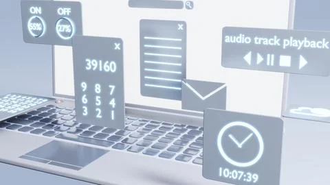 Animation of a modern mobile computer and software icons. 3D rendering Foto stock