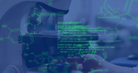 Animation of molecular structure and programming language over microscope in Video stock 247316605