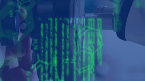 Animation of molecular structure and programming language over microscope in Video stock 313523057