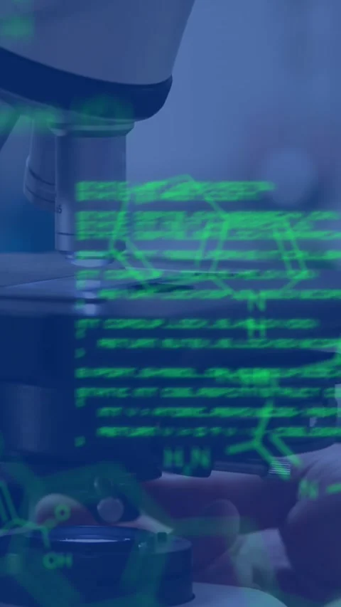 Animation of molecular structure and programming language over microscope in Video stock 321039302