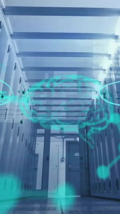 Animation of molecular structure diagrams and data processing over server room Stock Footage 323578381