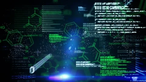 Animation of molecular structure with programming languages and binary codes Video stock 328412987