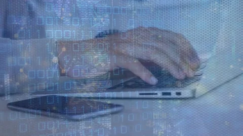 Animation of molecular structures and binary coding over mid section of man Stock Footage 328836538