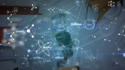 Animation of molecular structures and data processing over female scientist Stock Footage 330771466