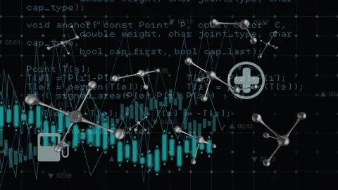 Animation of molecular structures and digital icons over data processing against Stock Footage 329310458