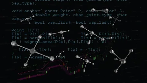 Animation of molecular structures and financial data processing against black Stock Footage 329564654