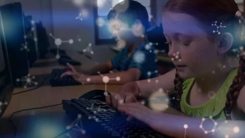 Animation of molecular structures floating over caucasian girl using computer in Stock Footage 330287662