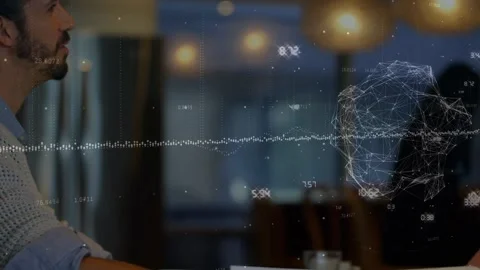 Animation of molecule, numbers, graph over caucasian businessman discussing with Video stock 328082657