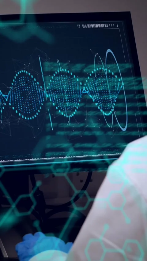 Animation of molecule structure, computer language, female researcher examining Stock Footage 344525615