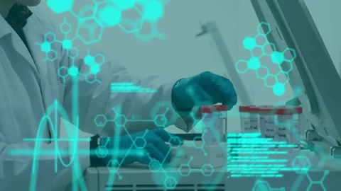 Animation of molecule structures and computer language, scientist placing test Stock Footage 242748475